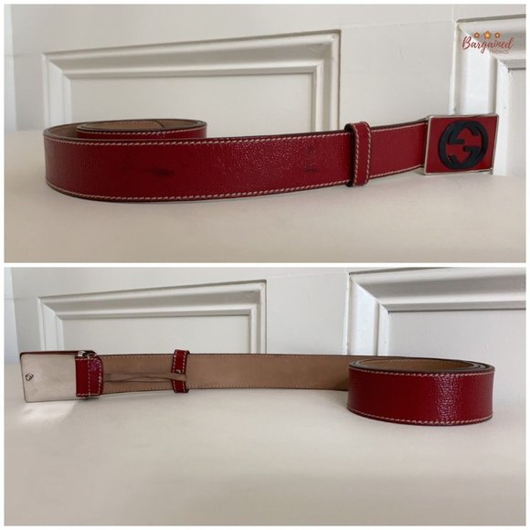 Authentic GUCCI Red Patent Leather Black Interlocking G Plaque Buckle Belt 90/36 - Picture 10 of 13
